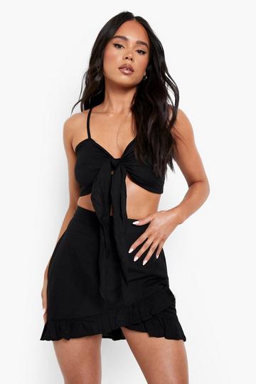 Black Petite Linen Tie Front Bralet & Skirt Co-ord
