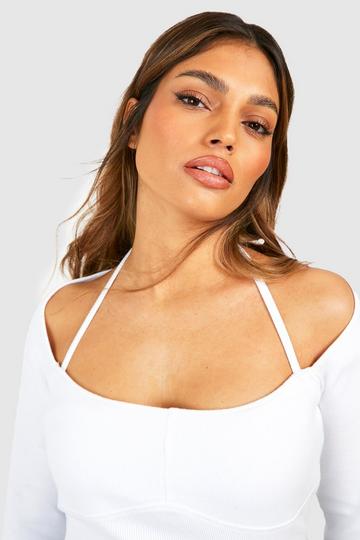 Halter Detail Corset Long Sleeve Rib Top white