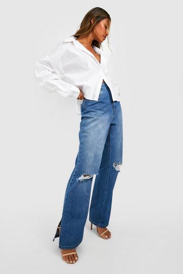 High Waisted Ripped Straight Fit Split Hem Jeans mid wash