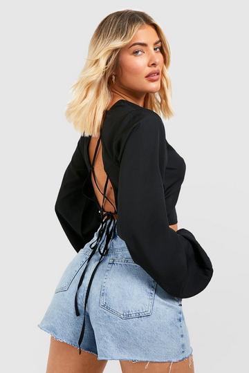 Tie Back Detail Balloon Sleeve Cropped Top black