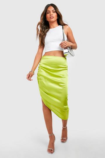 Ruched Side Asymmetric Satin Midi Skirt chartreuse