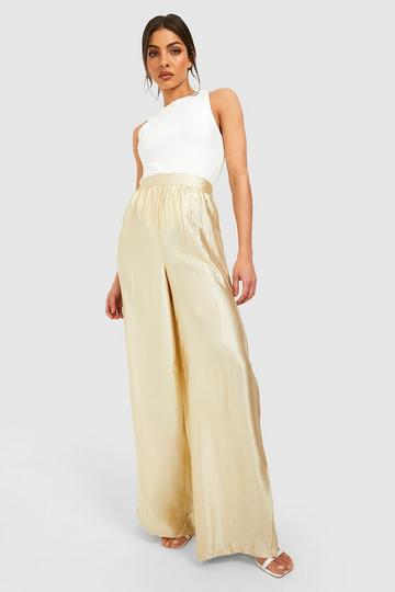 Sand Beige High Waisted Floaty Wide Leg Satin Trousers