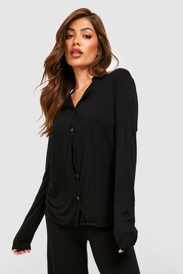 Jersey Long Sleeve Button Up Pj Shirt black