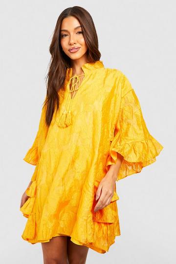 Textured Woven Ruffle Smock Dress mustard