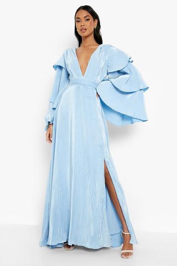 Blue Layered Ruffle Sleeve Maxi Dress