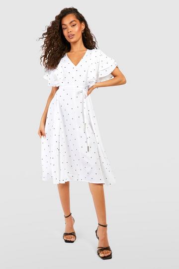 Midi Polka Dot Ruffle Angel Sleeve Midi Dress ivory