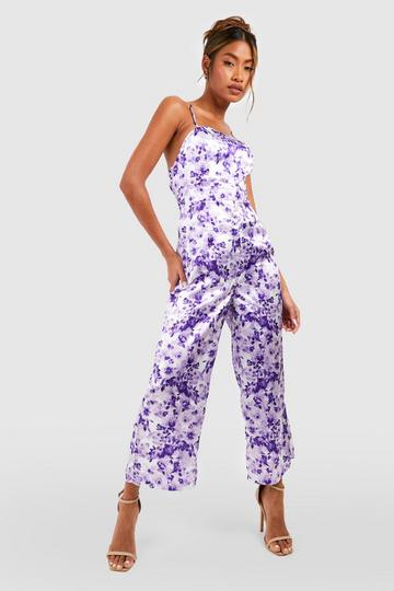 Strappy Back Satin Printed Culotte Jumpsuit purple
