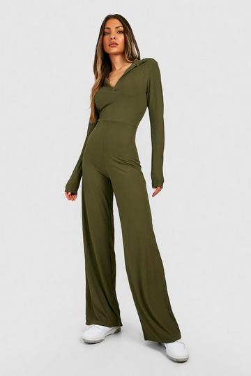 Super Base Olive Green Ribbed Knit Bodycon Lounge Jumpsuit