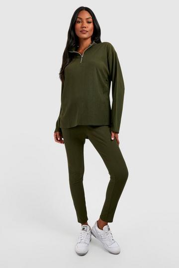 Maternity Textured Rib Half Zip Top And Legging Coord khaki