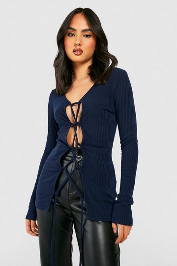 Navy Soft Rib Knit Lace Up Top