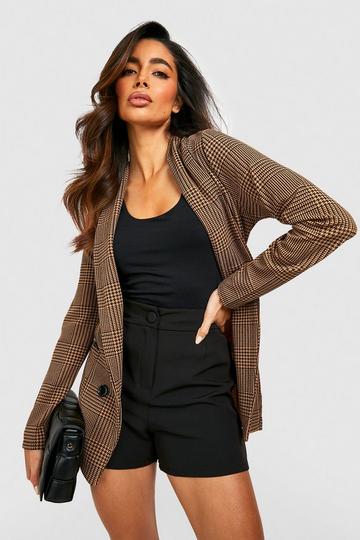 Basic Jersey Knit Dogtooth Relaxed Fit Blazer camel