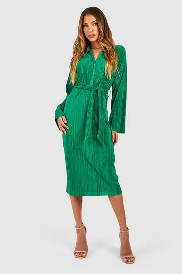 Plisse Tie Waist Midi Shirt Dress green