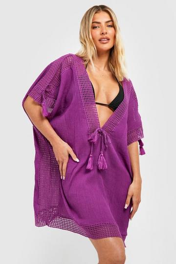 Cheesecloth Crochet Trim Tassel Beach Kaftan purple