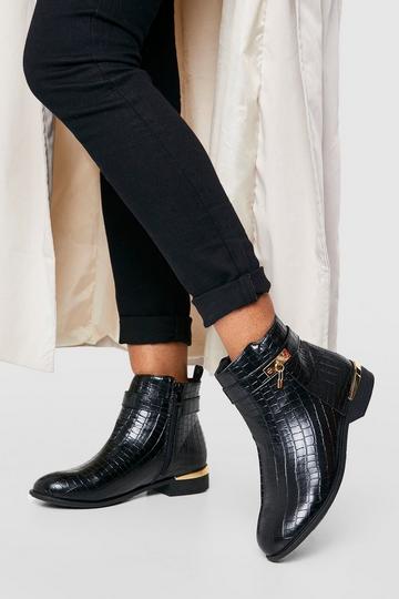 Metal Trim Detail Croc Ankle Boots black