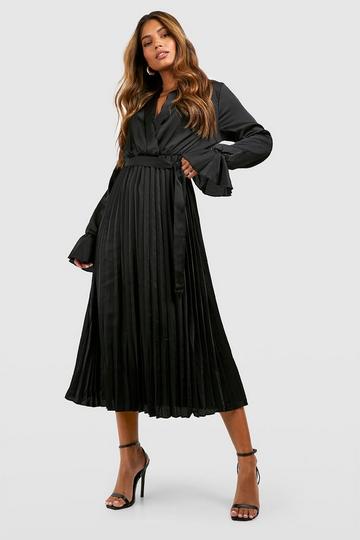 Black Satin Pleated Midaxi Dress