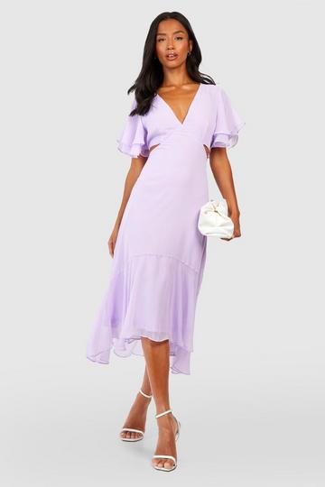 Petite V Neck Angel Sleeve Midi Dress lilac