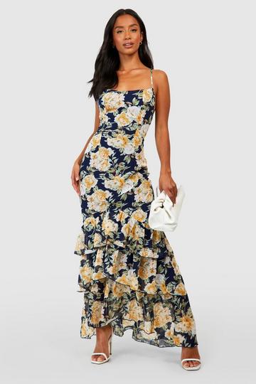 Petite Floral Tiered Ruffle Fitted Maxi Dress navy