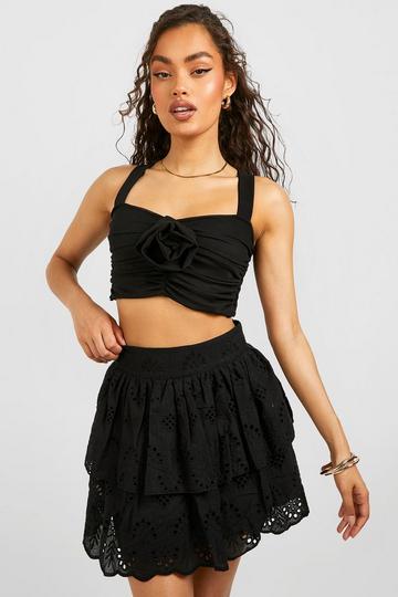 Broderie Ruffle Hem Mini Skirt black