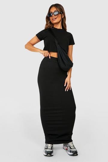 Black Cotton Black High Waisted Maxi Skirt