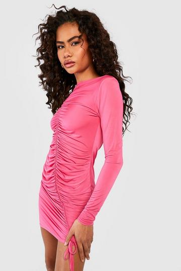 Pink Long Sleeve Ruched Slinky Mini Dress