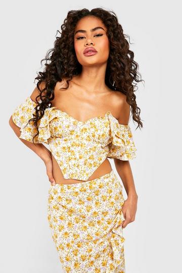 Yellow Floral Ruffle Sleeve Off The Shoulder Corset Top