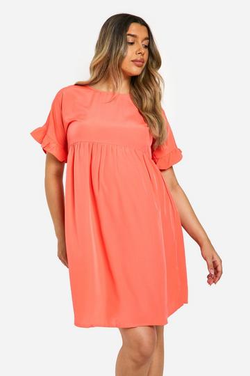 Coral Pink Maternity Frill Sleeve Smock Dress