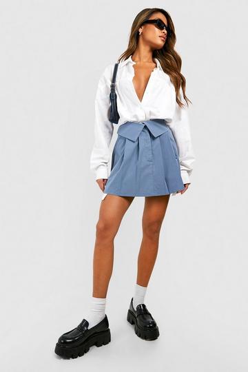 Blue Fold Over Woven Pleated Tennis Skirt