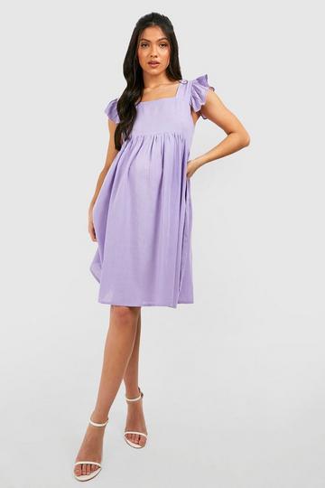 Purple Maternity Linen Frill Sleeve Smock Dress