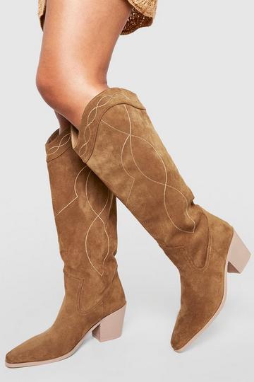 Tan Brown Casual Knee High Western Cowboy Boots