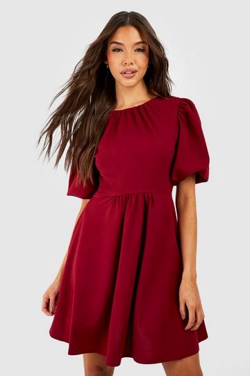 Puff Sleeve Rouched Skater Dress berry