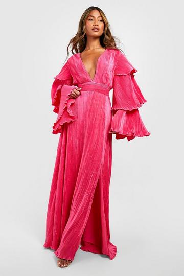 Magenta Pink Plisse Layered Sleeve Maxi Dress