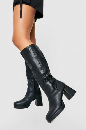 Black Block Heel Platform Pu Knee High Boots