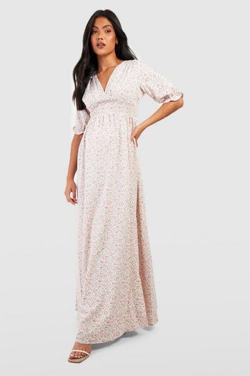 Maternity Floral Puff Sleeve Maxi Dress pink