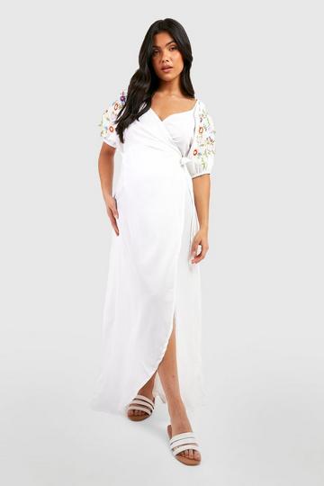 White Maternity Floral Embroidered Wrap Maxi Dress