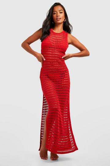 Red Petite Crochet Maxi Beach Dress
