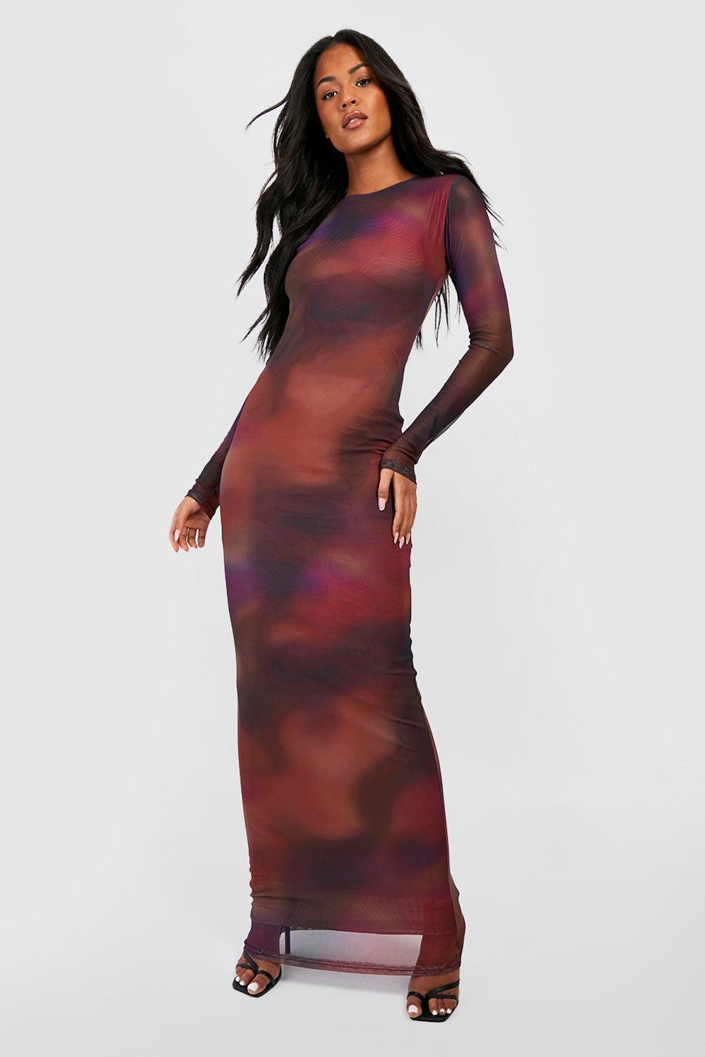 Women's Tall Abstract Marble Mesh Frill Sleeve Maxi Dress | Boohoo UK