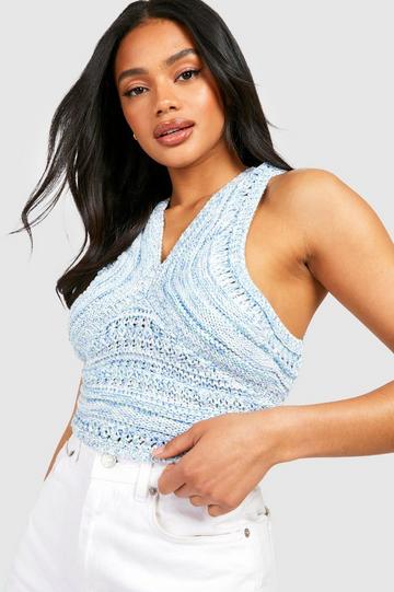 Blue Premium Ombre Marl Knit Crochet Crop Top