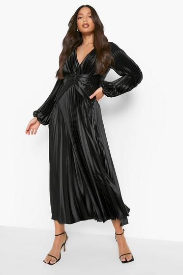 Tall Satin Pleated Midaxi Occasion Dress black