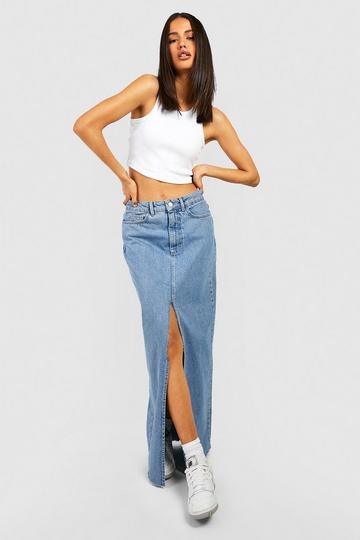 Extreme Split Washed Denim Maxi Skirt washed blue