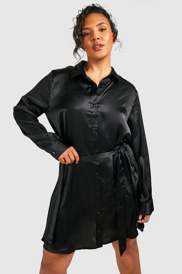 Plus Satin Midi Belted Shirt Dress black