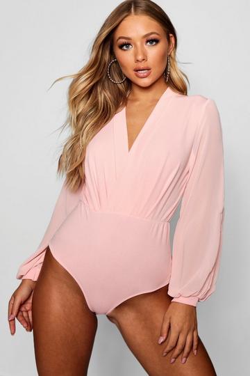 Pink Wrap Chiffon Sleeve Bodysuit