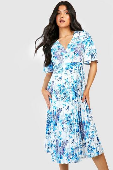 Blue Maternity Floral Pleated Wrap Dress