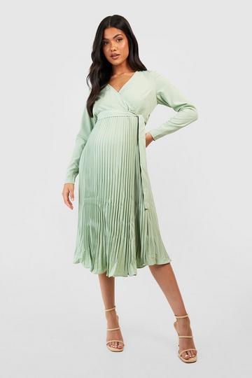 Sage Green Maternity Occasion Pleated Wrap Midi Dress