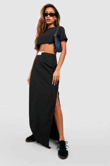 Black Contrast Waistband Split Front Maxi Skirt