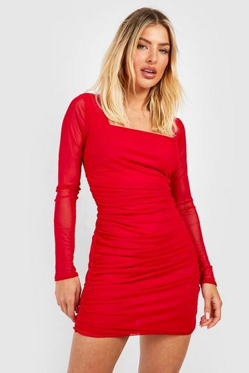 Square Neck Ruched Mesh Bodycon Dress red