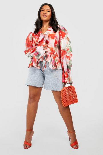 Plus Floral Ruffle Tie Front Boho Top red
