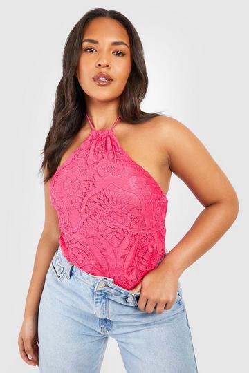 Pink Plus Lace Halter Corset Detail Bodysuit