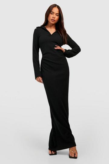 Black Petite Textured Rib Collar Detail Maxi Dress