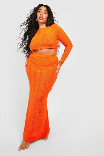 Plus Crochet Top & Maxi Skirt Beach Co-ord orange