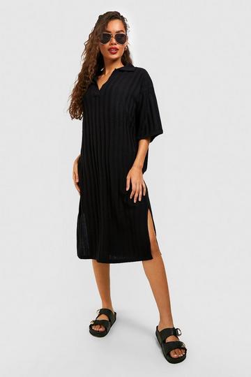 Wide Rib Collared Knitted Dress black